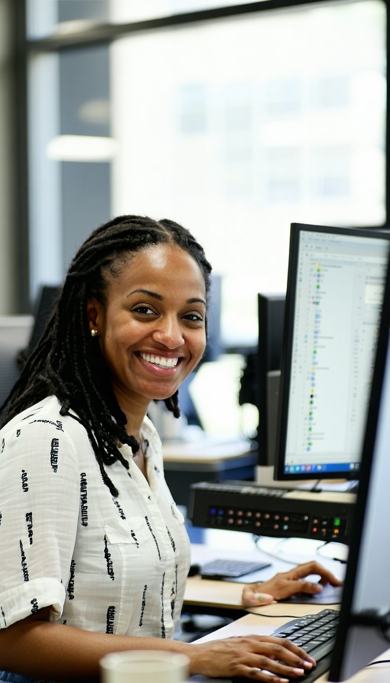 Create an image of a happy Proclaim IT user working at their workstation-1